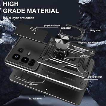 for Infinix Note 50 Pro Plus 5G Case with Slide Camera Cover and Stand Kickstand Ring with Tempered Glass Screen Protector [2 pieces],Military Grade Shockproof Protective Cover, Black