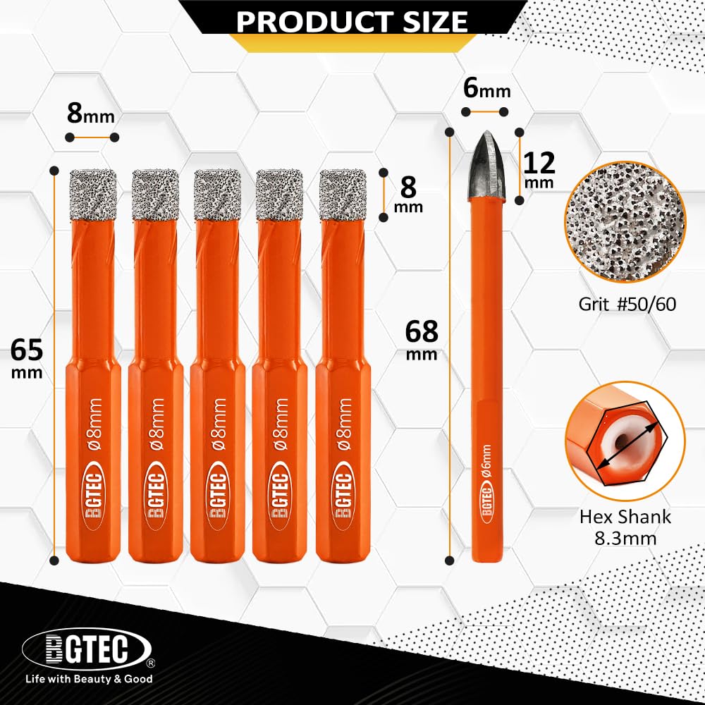 BGTEC Dry Diamond Core Drill Bits Set Hole Saw,6pcs 8mm*5 Hex Shank Drill Bits+8mm Triangle Shank Carbide Drill for Granite Marble Porcelain Tile Ceramic - Image 2