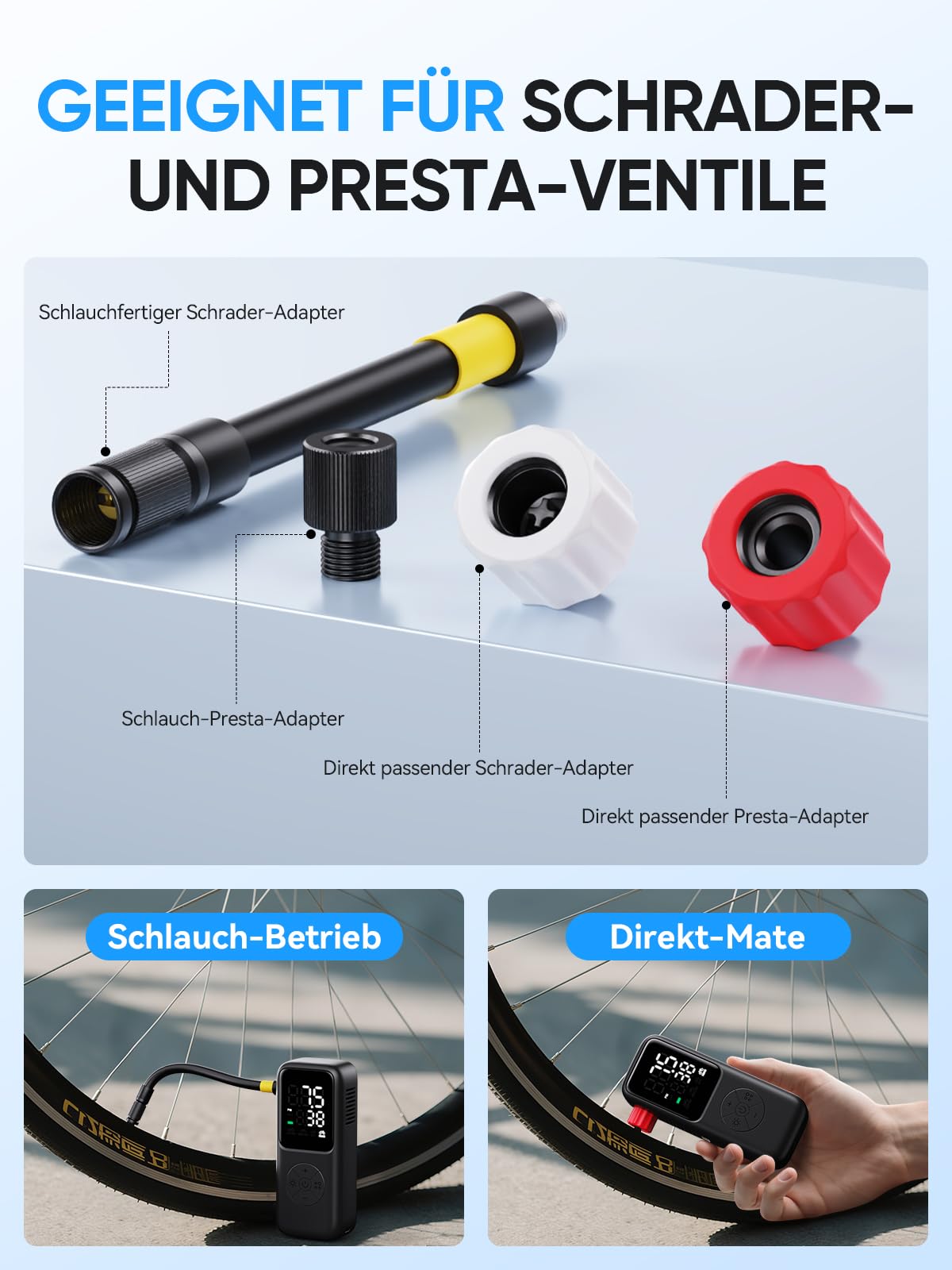 GPUTEK Mini Fahrradpumpe Elektrisch, 120 PSI mit Manometer | 5 voreingestellten Modi für Schrader- und Presta-Ventil Fahrrad-Reifenpumpe für Straße, Berg, Stadt Fahrrad und fette Reifen