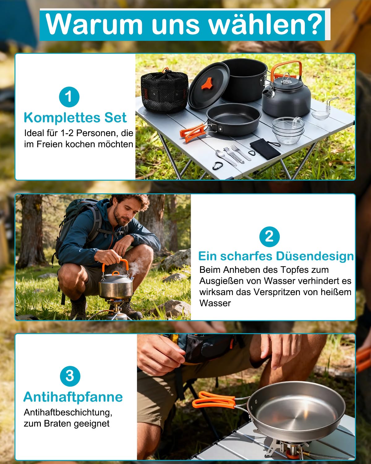 Camping Cookware Kit, Portable 1-2 People Camping Cooking Set, Lightweight Non-Stick Camping Pot and Pan Set with Spoon Fork Cutter for Outdoor Travel Camping Hiking Picnic BBQ