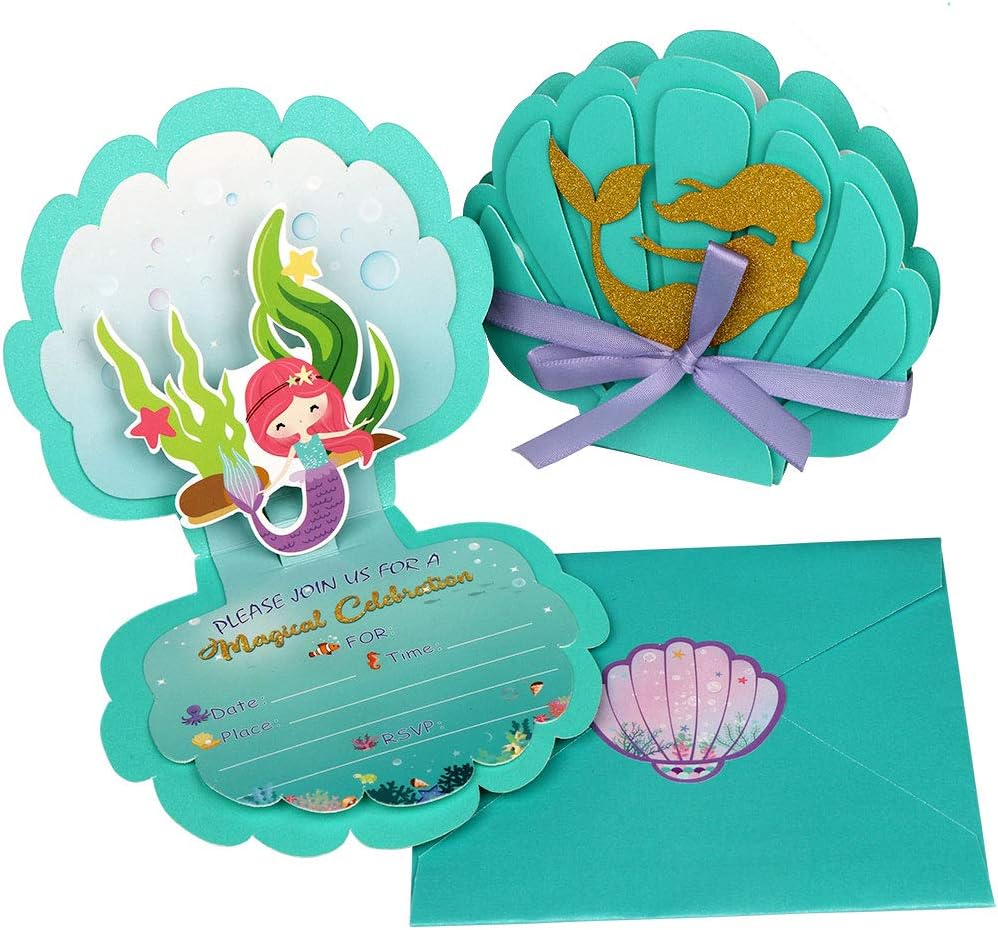 OurWarm 24pcs Mermaid Party Invitations, 3D Pearlescent