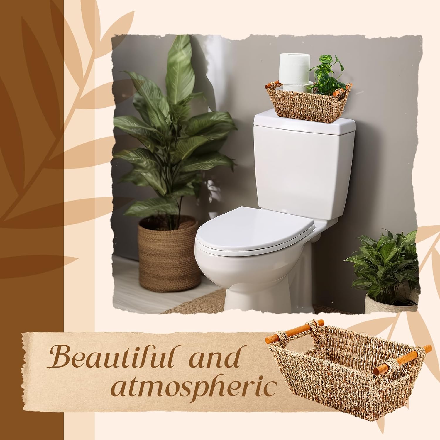 Marsui 6 Pcs Small Hand Woven Wicker Baskets with Wooden Handles, Seagrass Rattan Storage Baskets Bin Organizer Shelf Pantry for Bathroom Storage Towel Kitchen Washroom Gifts Decor, 9" x 6" x 4"