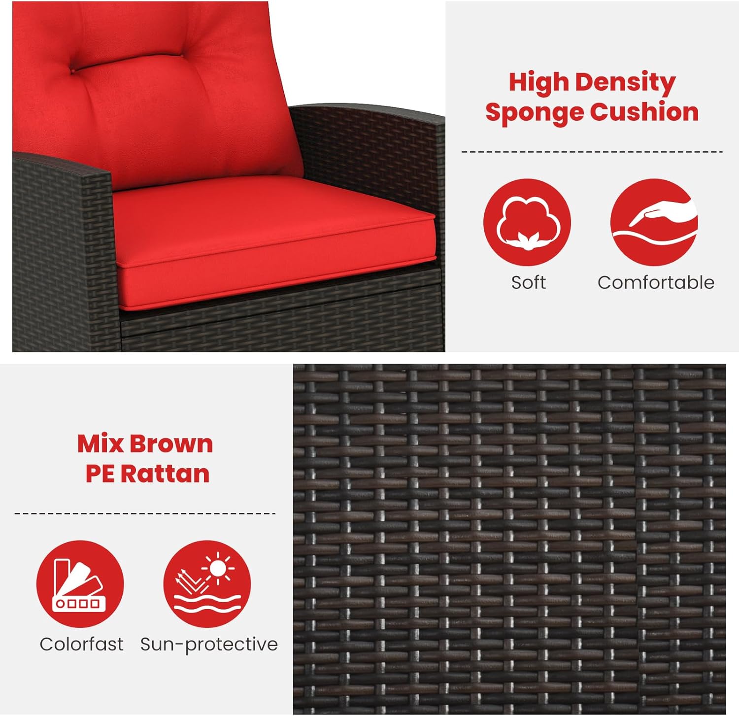 HAPPYGRILL 3 Pieces Patio Rattan Rocking Bistro Set, PE Wicker Rocking Chairs with Tempered Glass Table, Rocking Furniture Set with Cushion for Backyard, Poolside Porch (Mix Brown & Red)