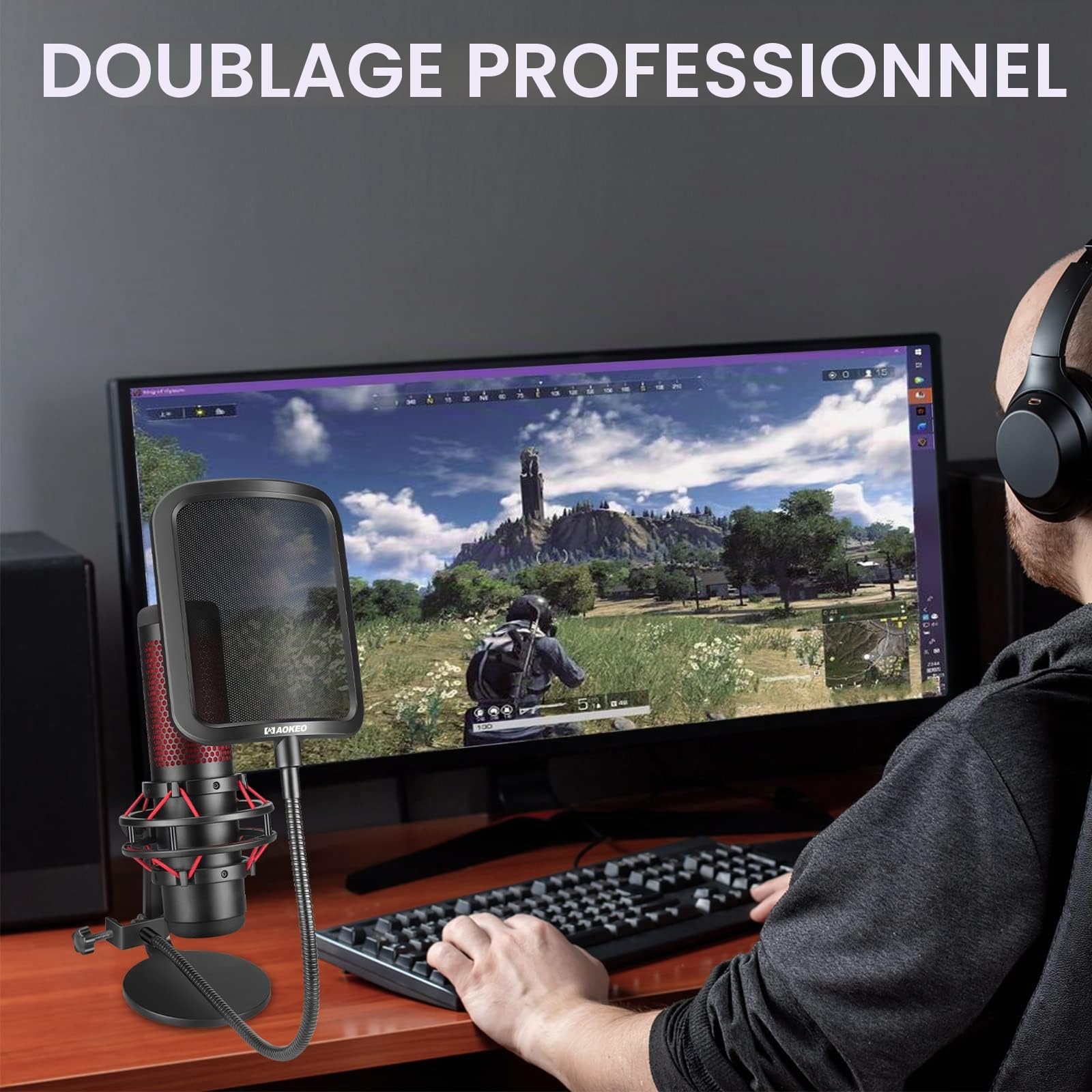 Aokeo Filtre anti-pop professionnel en métal pour microphone Blue Yeti, HyperX QuadCast et tout autre microphone, écran Wind Pop avec un bras de stabilisation flexible à 360 °