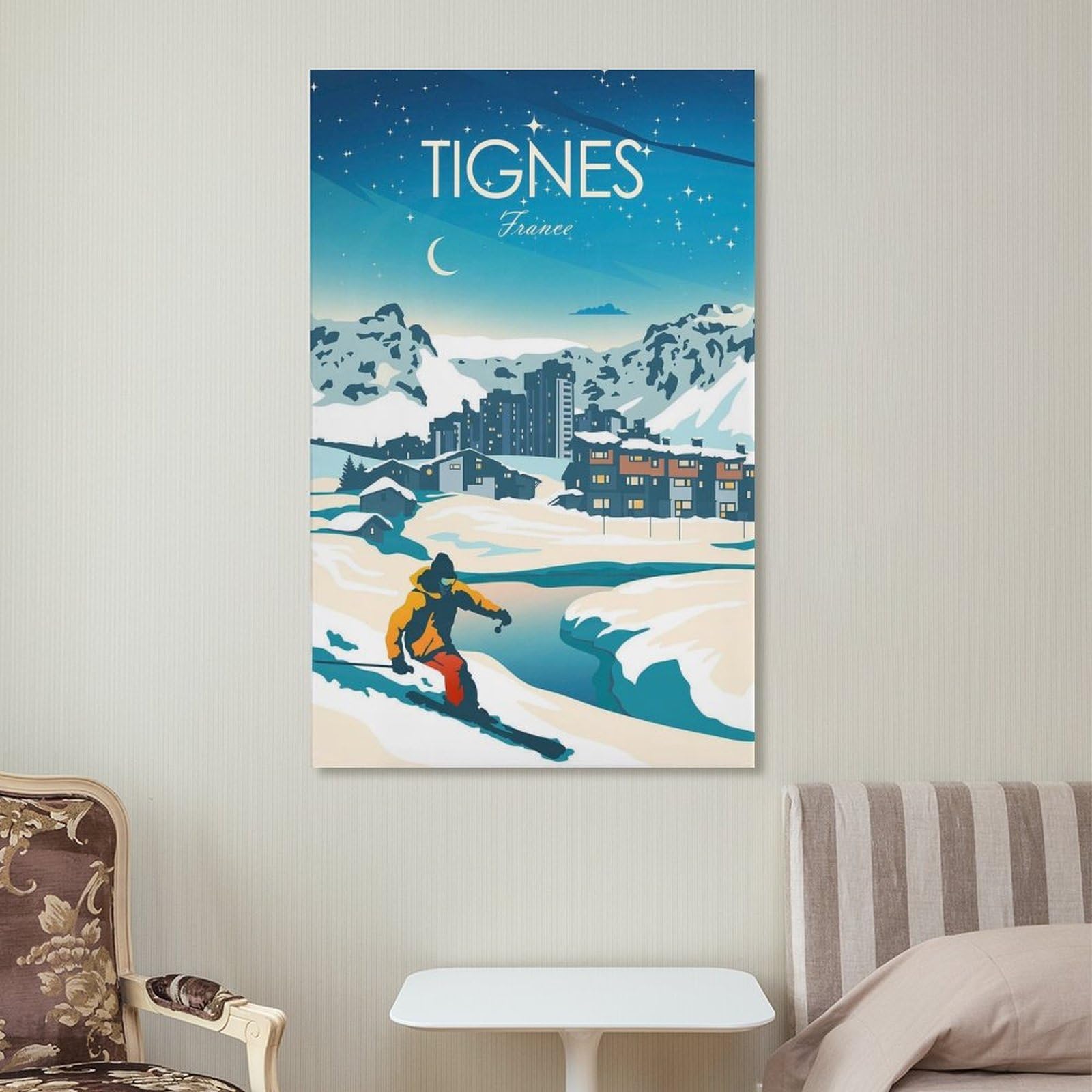 FUPMTKLT Poster su tela, motivo: Ski Tignes France Skiers, decorazione per camera da letto, ufficio, camera da letto, regalo, 60 x 90 cm
