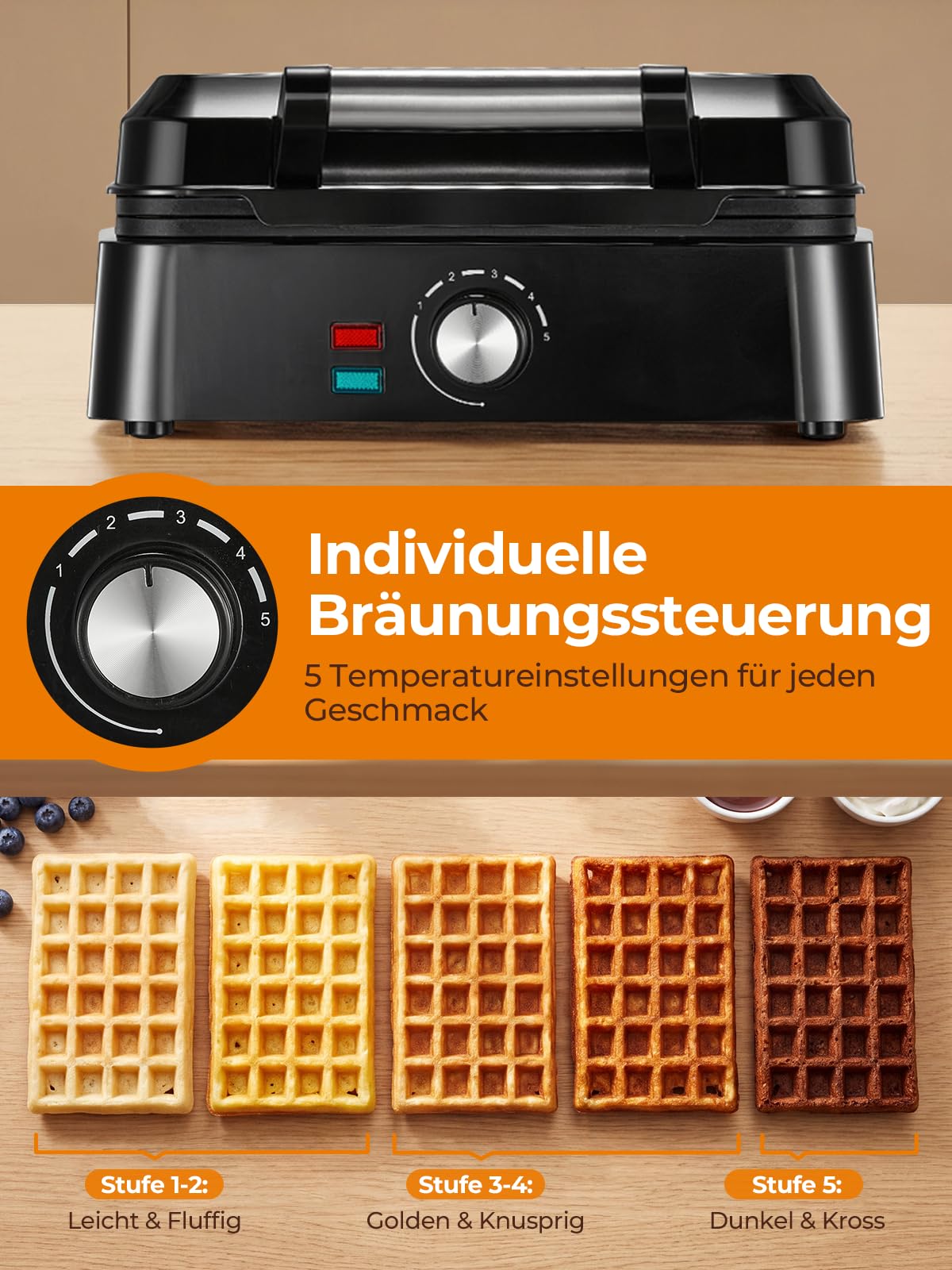 Piastra per waffle belga, doppia piastra antiaderente, con regolazione automatica della temperatura e spie di controllo