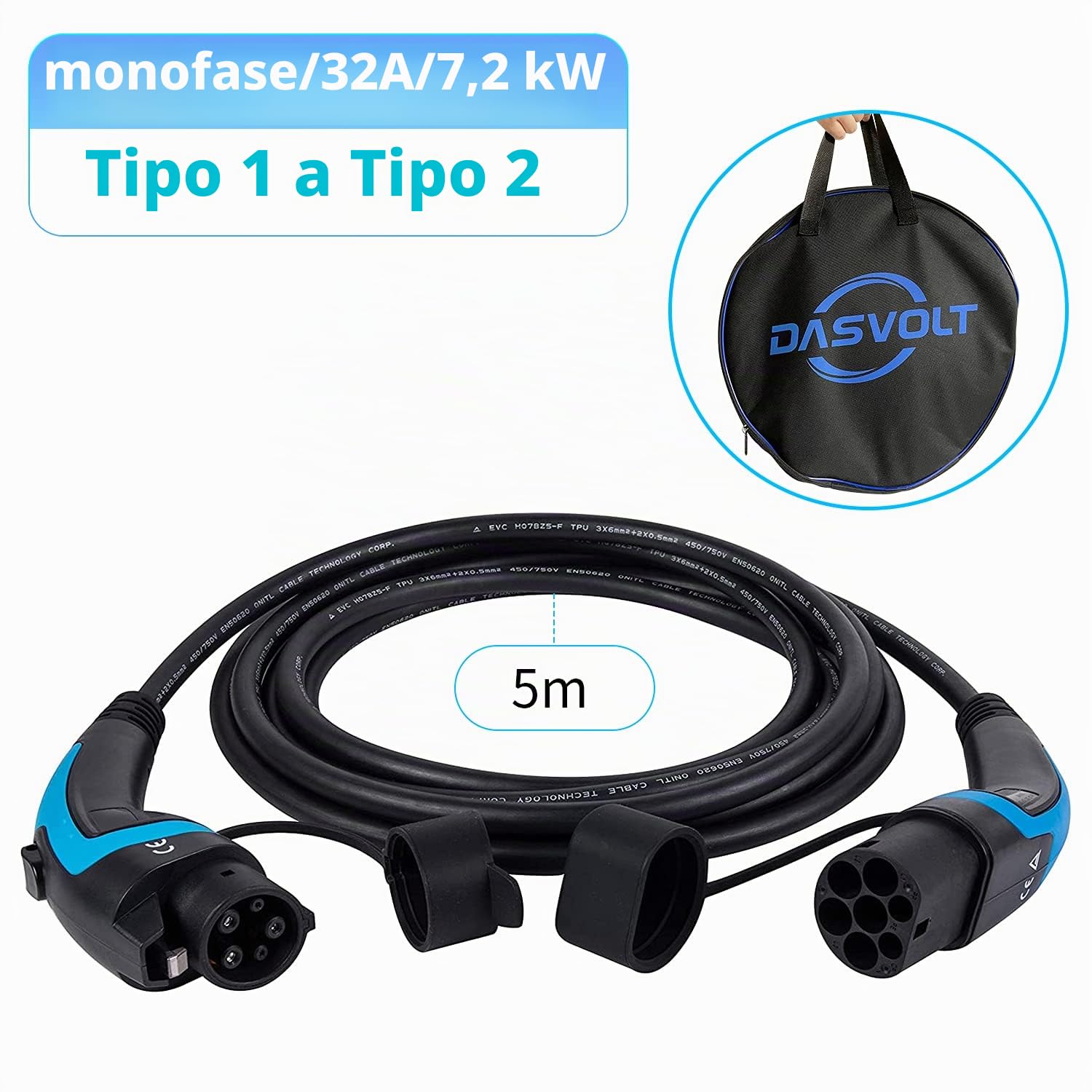 lighteu, Cavo di Ricarica per Veicoli elettrici/Veicoli elettrici e Hybrid Plug-in DasVolt® | da Tipo 1 a Tipo 2 | 32 Amp (7,2 kW) / monofase | Cavo di Ricarica Domestico da 5m IP55