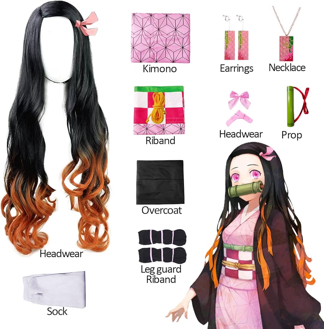 Parrucca Cosplay Kamado Nezuko - Lunga Ricciola Gradiente Nero-Arancione Con Cappello - Foto 5