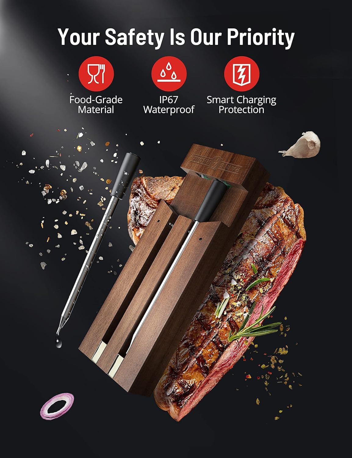 Termómetro inalámbrico – Autonomía 36 h, caja de carga de bambú, magnética, sonda de temperatura inteligente inalámbrica, conectada, barbacoa, rotejora, aire fryer, alcance 150 m (2 sondas)