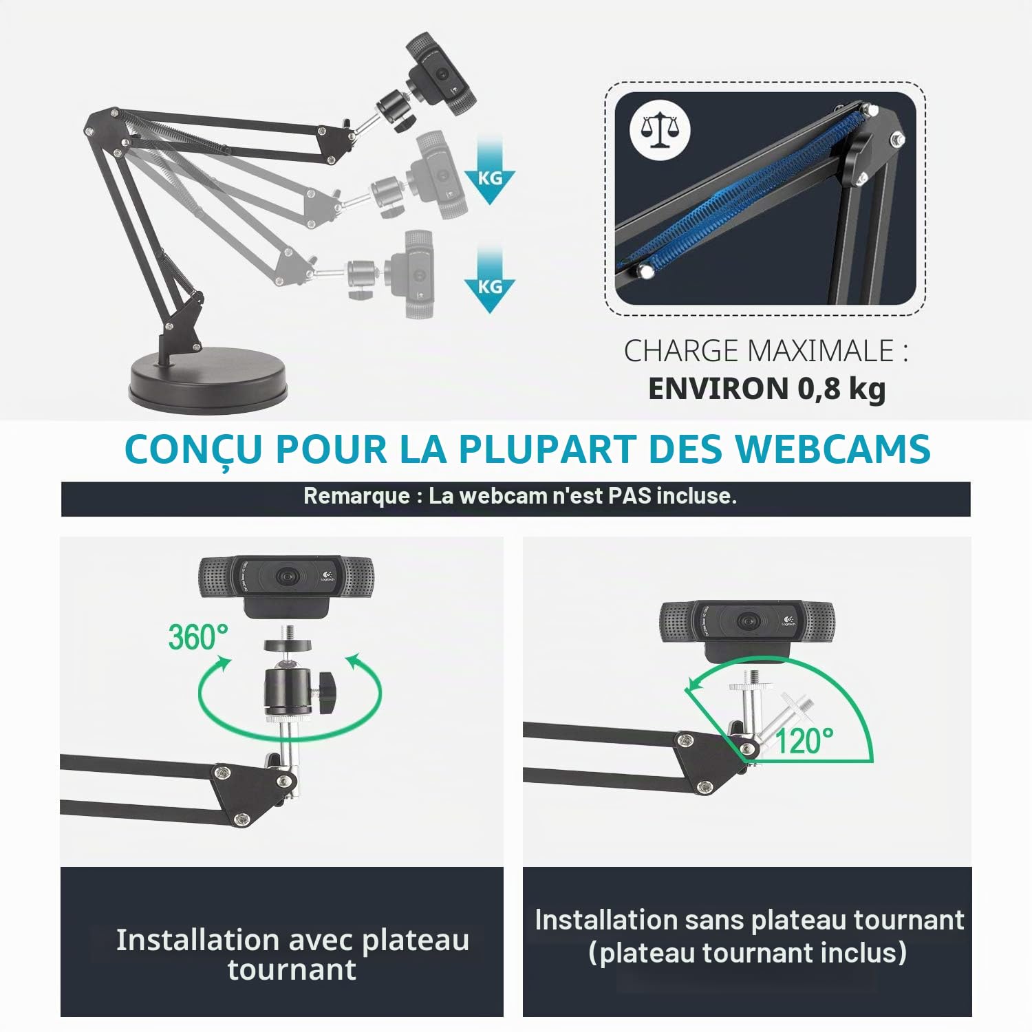 Support de Webcam, Support de Bras de 22 Pouces avec Base, Compatible avec la Webcam C925e C922x C922 C930e C930 C920 C615, Hero 8/7/6/5, Ultra/Pro/Pro 2 / Pro 3/Brio 4K