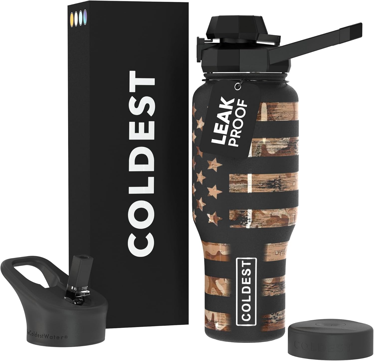 Coldest Sports Water Bottle – 3 in 1 Lids (Chug, Straw, Handle) – Insulated Stainless Steel Tumbler with Handle – Vacuum Water Flask Cup, Valentines Gifts for Him Her (36 oz, The American)