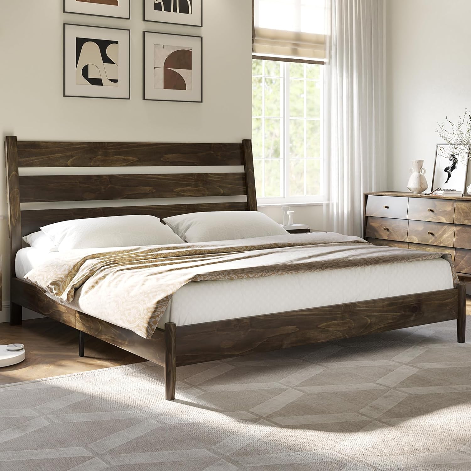 AMERLIFE Solid Wood King Size Bed Frame, Mid Century Modern Platform Bed Frame with Reclining Headboard, Sturdy & Noise Free, No Box Spring Needed, Dark Brown