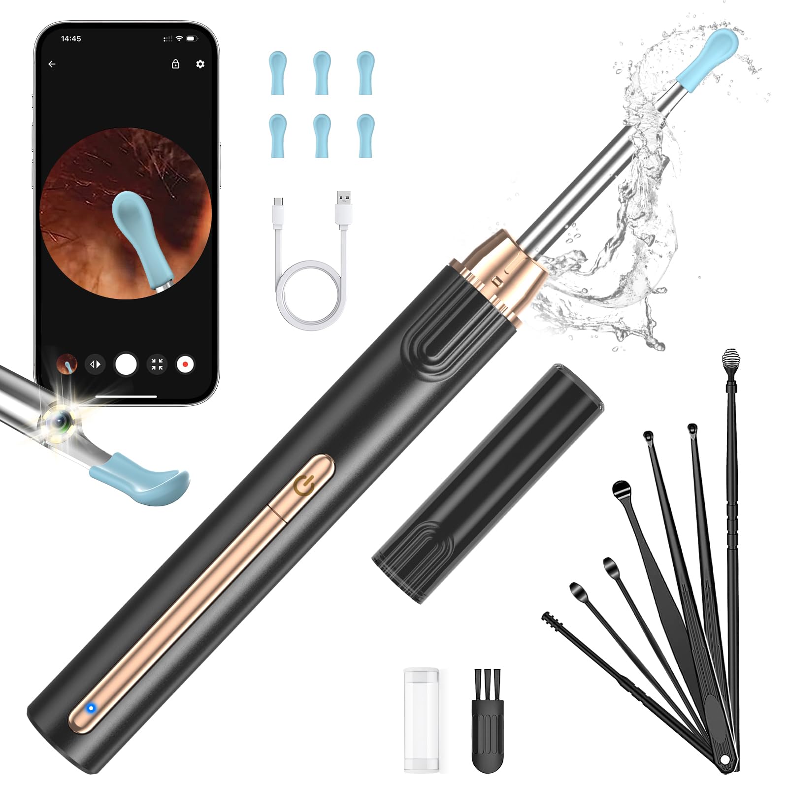 KekoyEar Wax Removal Tool Camera, 1296P HD Ear Cleaner with Camera, WiFi Otoscope with Light for Ear Cleaning, Ear Endoscope for iOS & Android, with 8 pcs Ear Set - P8 (Pale Gold)