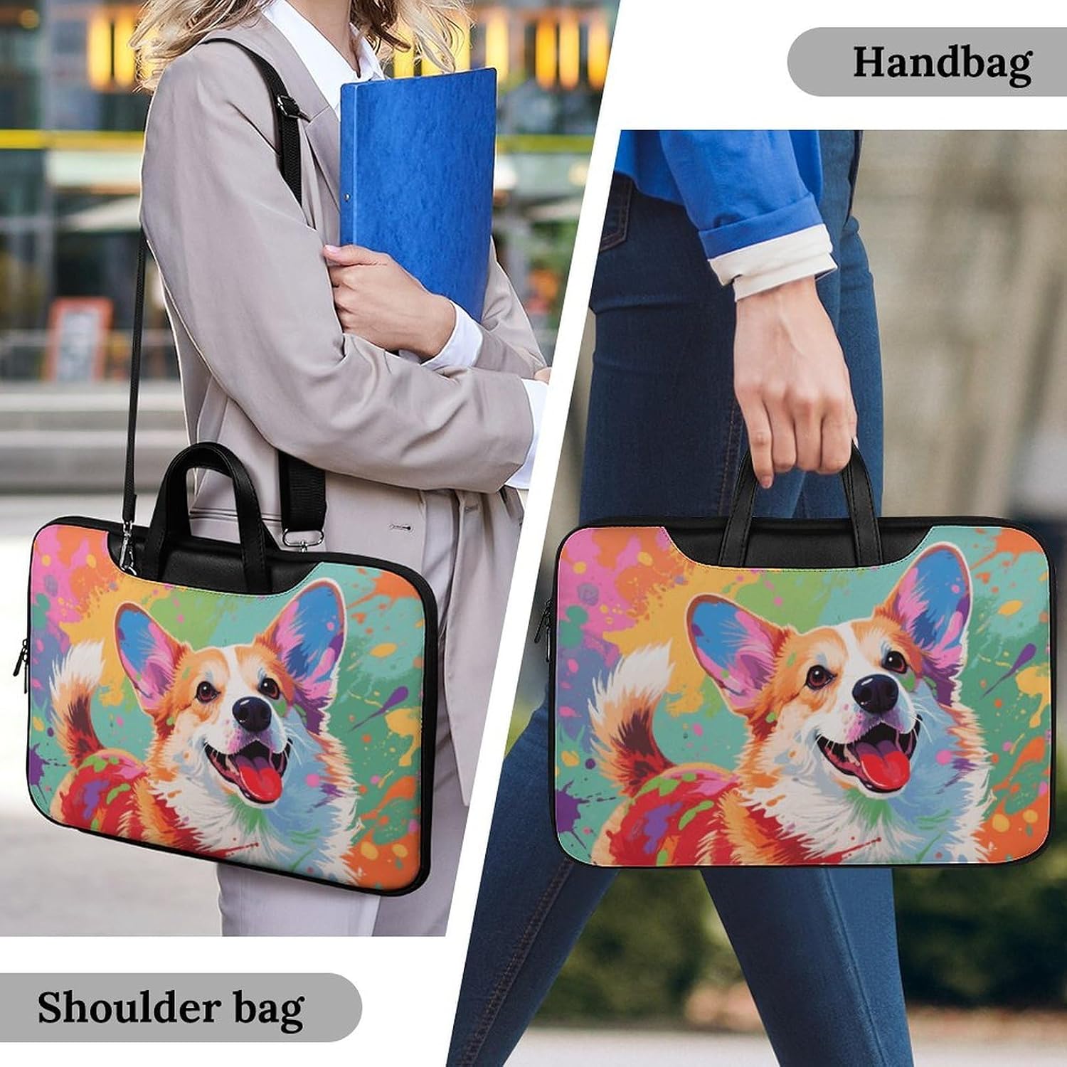 Colorful Corgi PU Leather Laptop Tote Bag image 2