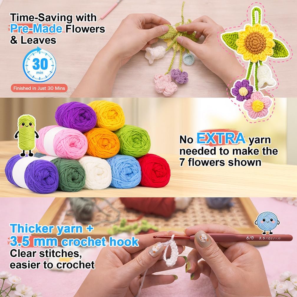 FUNSHOWCASE Crochet Kit for Beginners, DIY 7 Flower Charms for Car Hanging with Video Tutorial