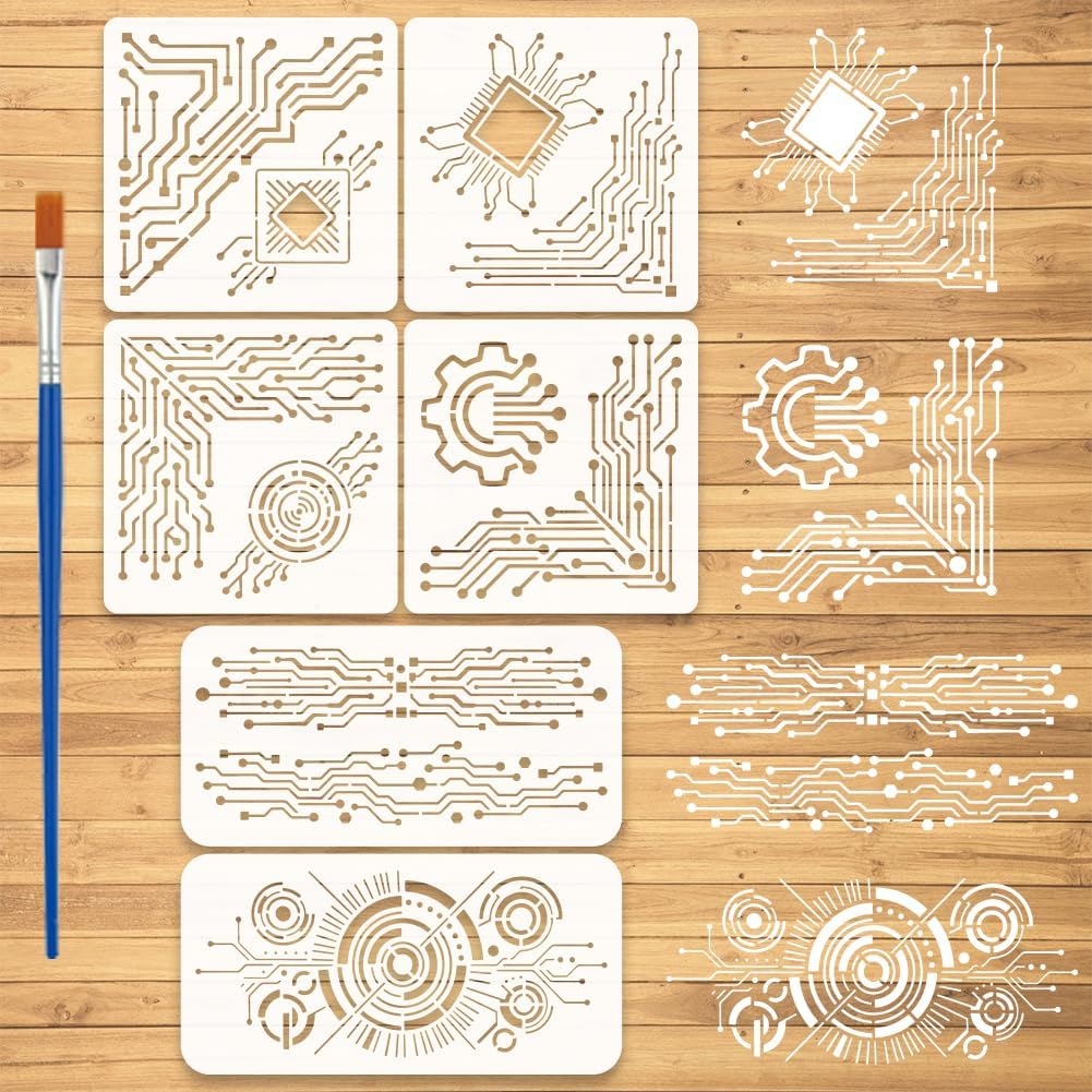 FINGERINSPIRE 6 Pcs Electronic Circuit Corners and Borders Painting Stencil with Paintbrush, 2 Sizes Reusable Circuit Lines Stencil for Painting on Wall, Wood, Furniture, Fabric and Paper