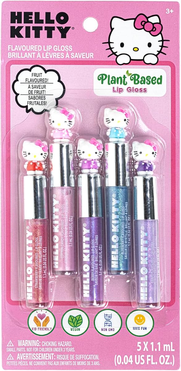 Townley Girl Hello Kitty Juego de maquillaje de brillo de labios hidratante a base de plantas, 5 piezas, para niñas y niños pequeños, perfecto para fiestas, fiestas de pijamas, cambios de imagen, regalo de cumpleaños para niñas de 3 años en adelante