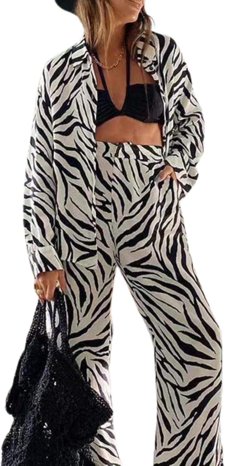 Womens 2 Piece Pants Outfits Set Boho Stripe Long Sleeve Button Down Shirts Blouses Tops Wide Leg Pants Sets