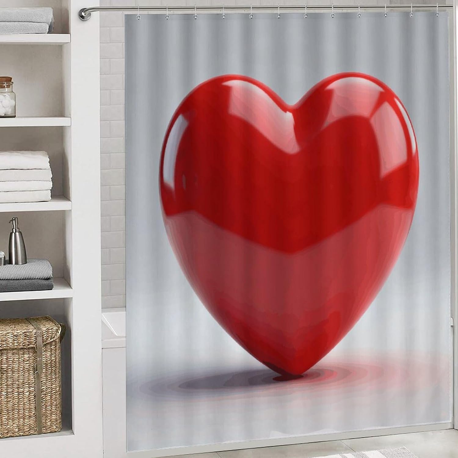 Red Heart Bathroom Rugs Sets 4 Piece | Shower curtain sets, non-slip absorbent soft flannel bath mat, u-shaped toilet mat & lid cover, bathroom decor accessories