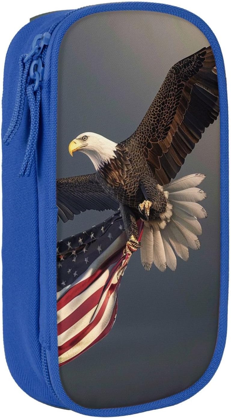 3D Bald Eagle Flying with American Flag Print Pencil Case, Large Capacity 2 Compartment Dual Zips Pouch, Aesthetic Pencil case Stationery Organizer for Boys Girls Supplies Makeup Bag, Blue