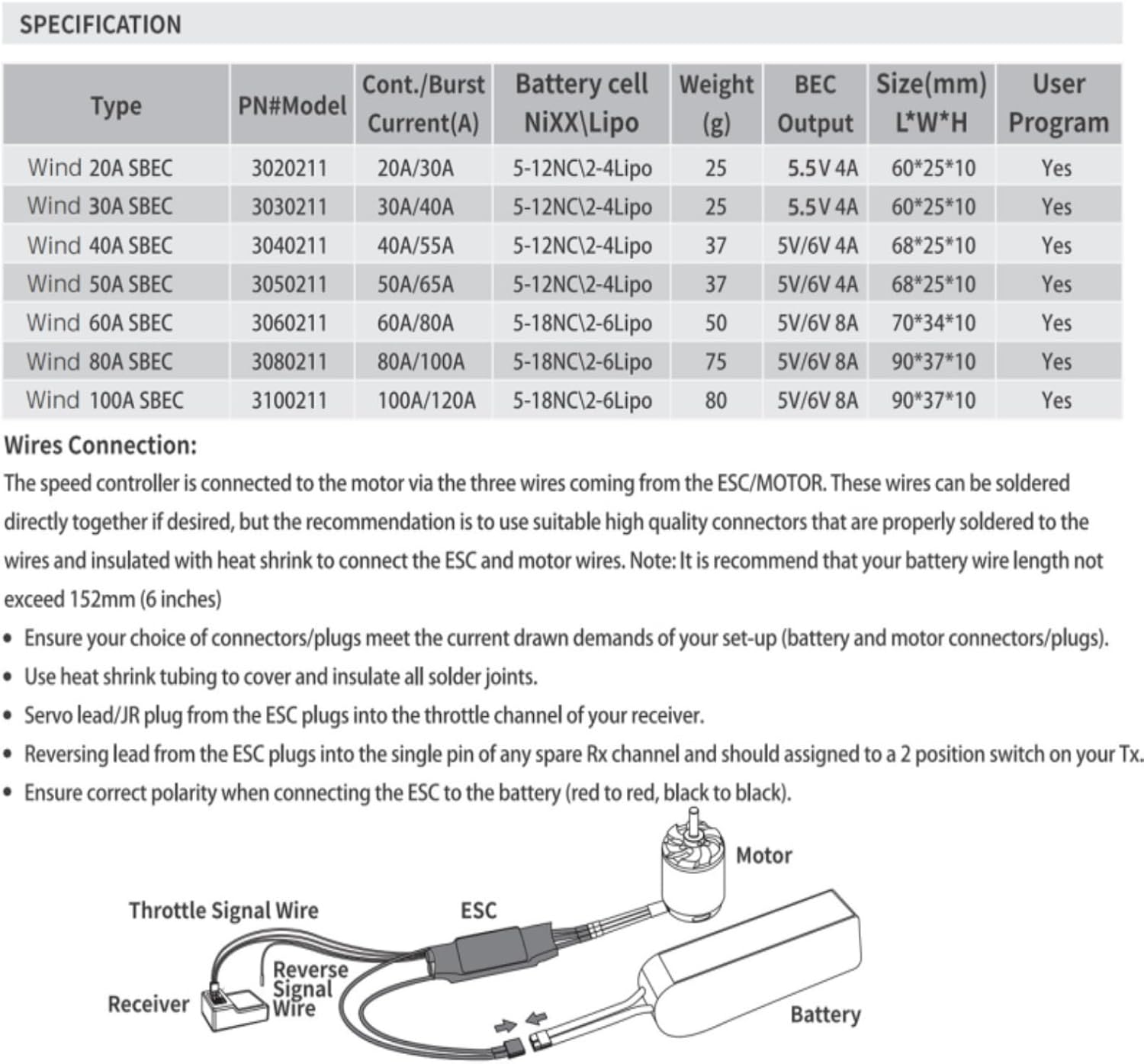 100A ESC with 5V 6V/8A BEC 2-6S Electric Speed Controller with XT90 & 4.0mm Bullet Plugs for Fixed Wing Airplane/RC Drone Airplane/Brushless Motors