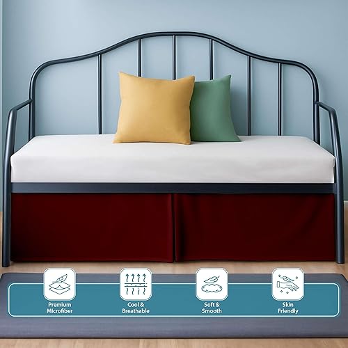 Miniatura 2 de Falda de cama plisada para sofá cama, falda de día individual color burdeos, caída de 12 pulgadas, 100% microfibra, falda de cama para sofá cama de