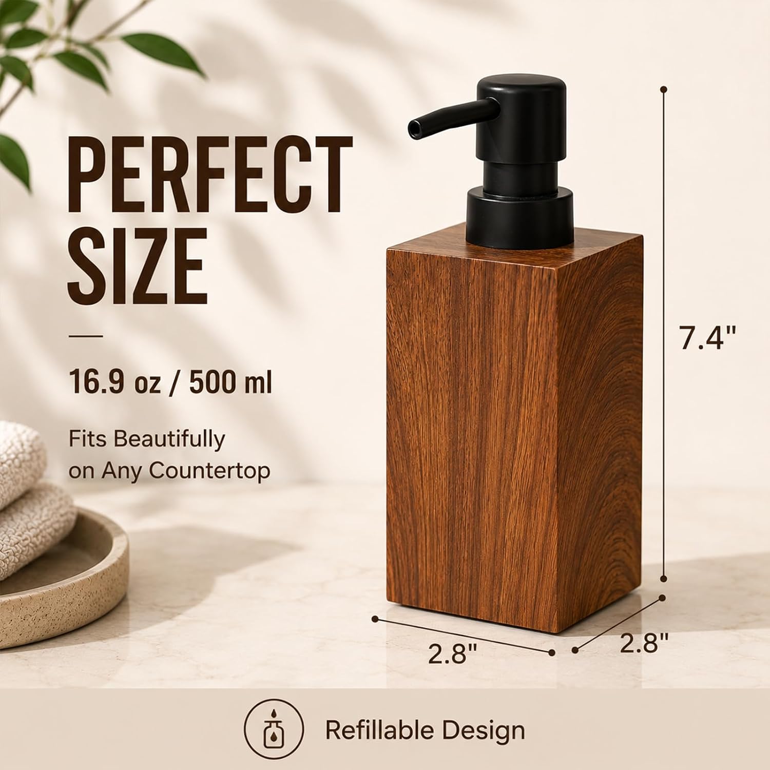 Walnut Wood Look Resin Soap Dispenser, 16.9 oz Refillable Hand Soap Dispenser for Bathroom and Kitchen Countertop, Rustic Farmhouse Lotion Pump Bottle, Durable Moisture-Resistant