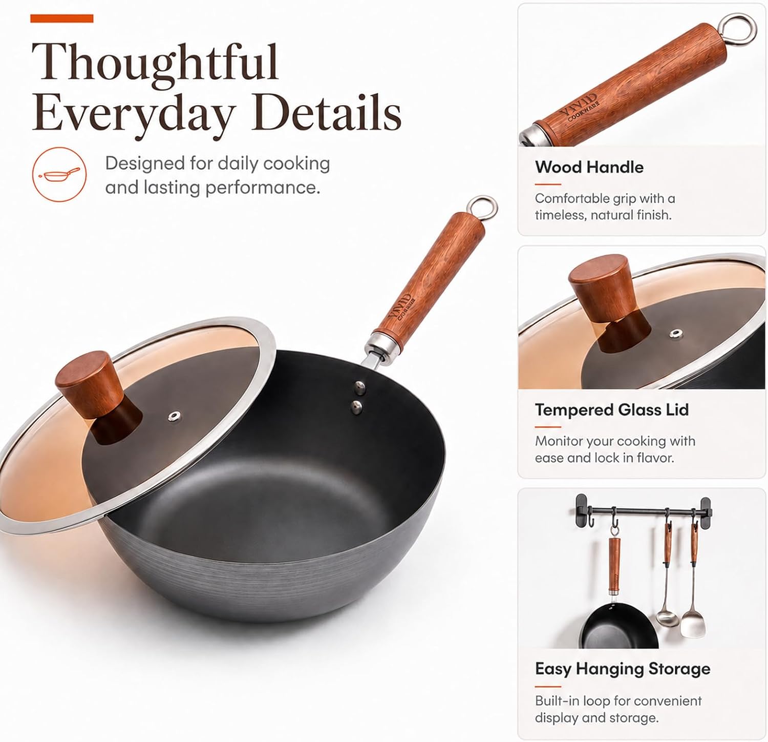 10.2-Inch Carbon Steel Wok Frying Pan with Lid, Flat Bottom