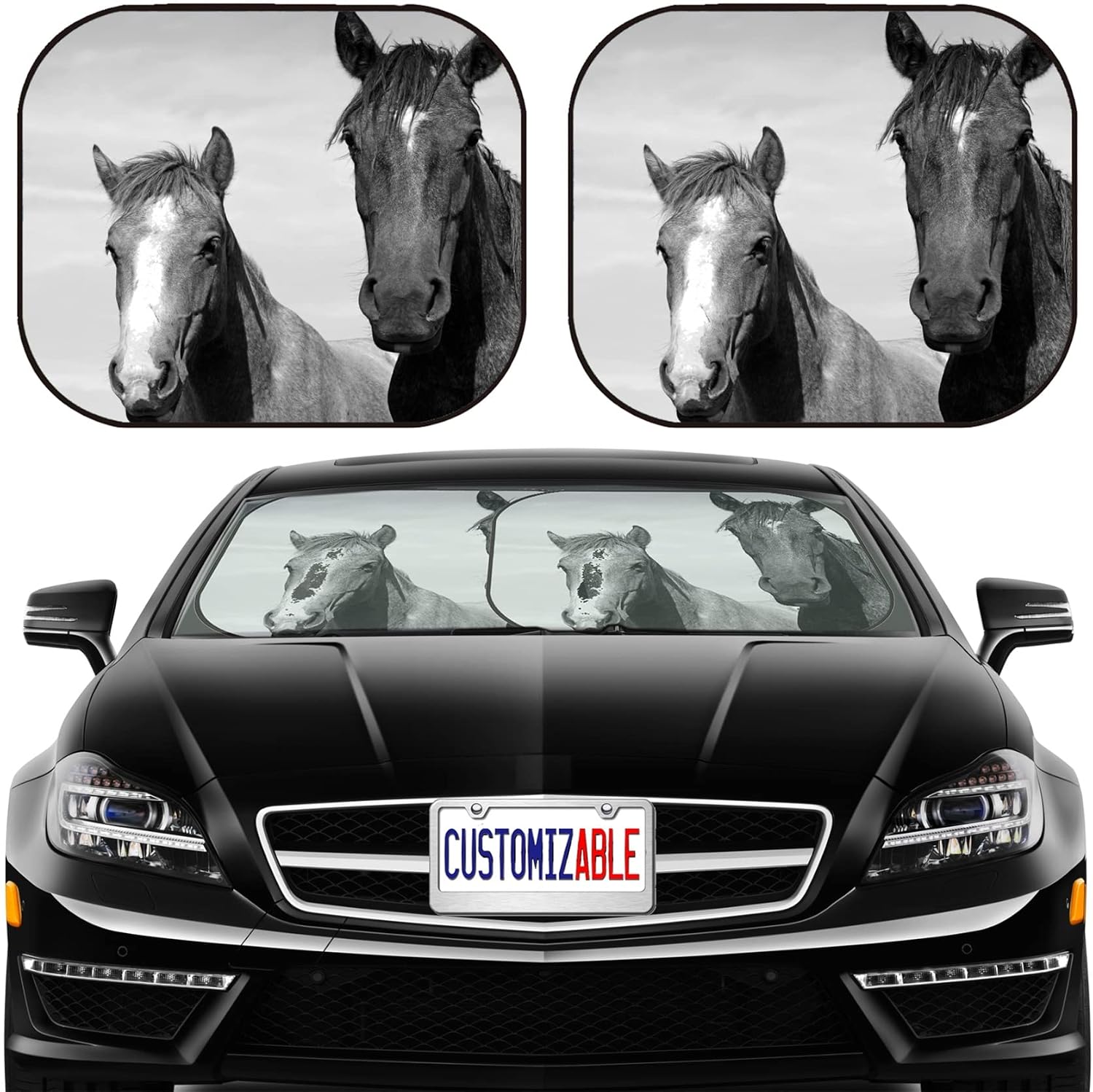 MSD Car Sun Shade Windshield Sunshade Universal Fit 2 Pack, Block Sun Glare, UV and Heat, Protect Car Interior, Image ID: Heads of Horses Against The Sky Image 36991173 Stain Resistance Co