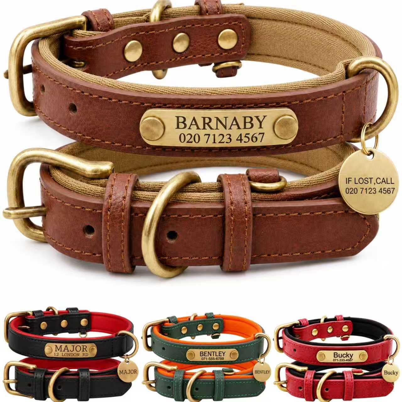 Collar de cuero personalizado para perro con placa de identificación grabada, ajuste cómodo ajustable para perros pequeños, medianos y grandes, collar personalizado para cachorros y perros adultos