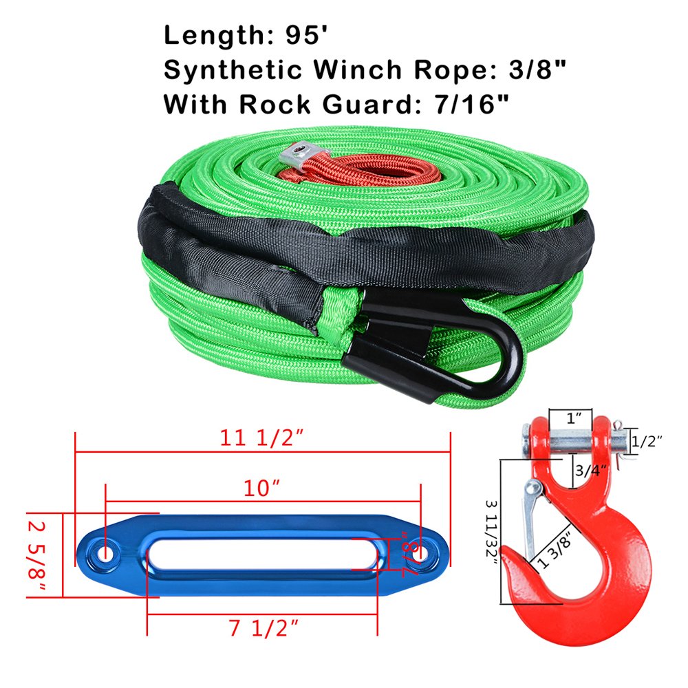 Set 95ft x 3/8 inch (reen Synthetic Winch Cable 22000LBs w/Heat and Rock Guard + Red Clevis Winch Hook + Anodized Blue 10