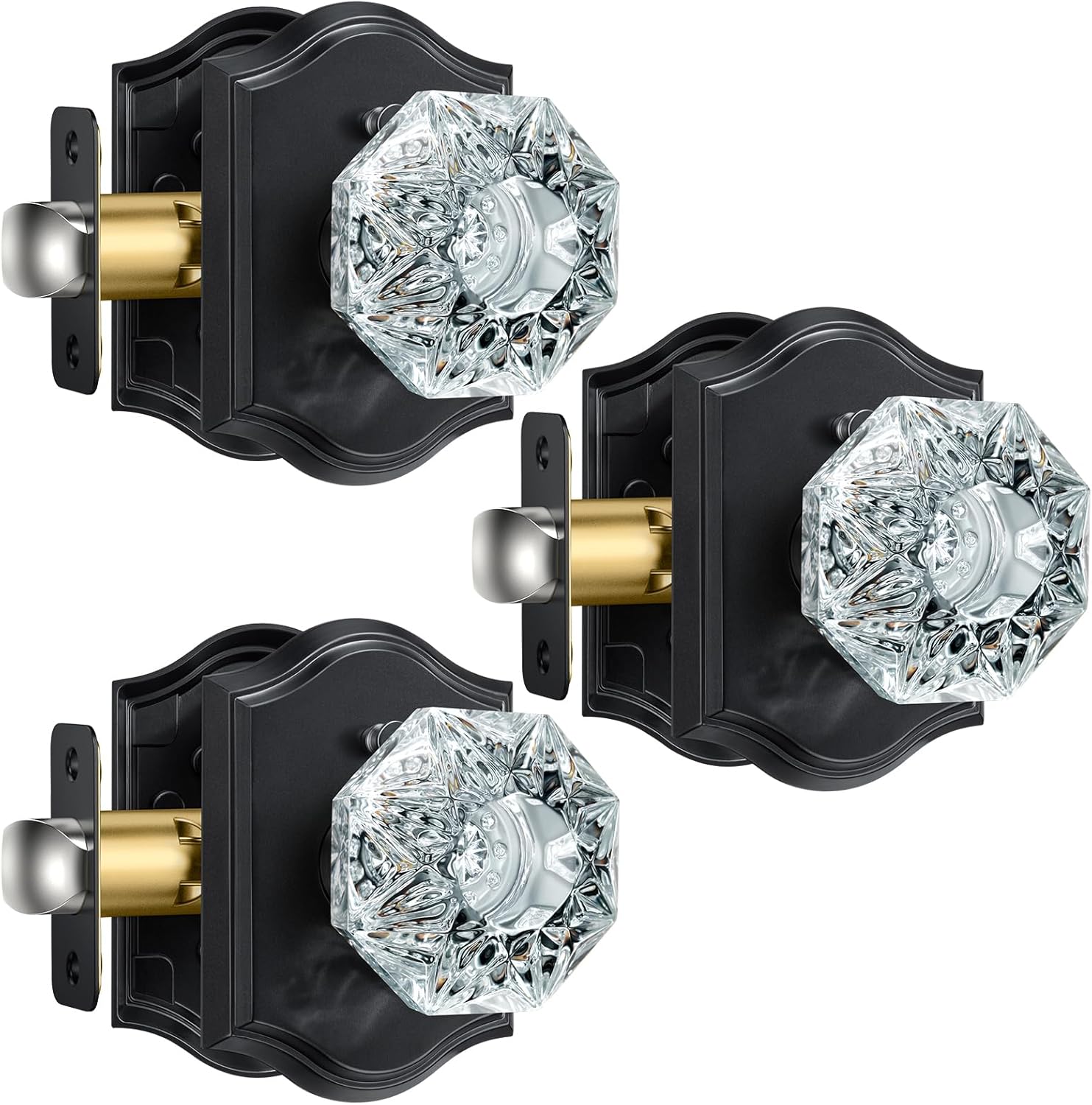 3 Pack Glass Door Knobs, Black Crystal Door Knobs Interior with Lock for Privacy Use, Antique Octagonal Glass Doorknobs for Bedroom Bathroom Interior Doors