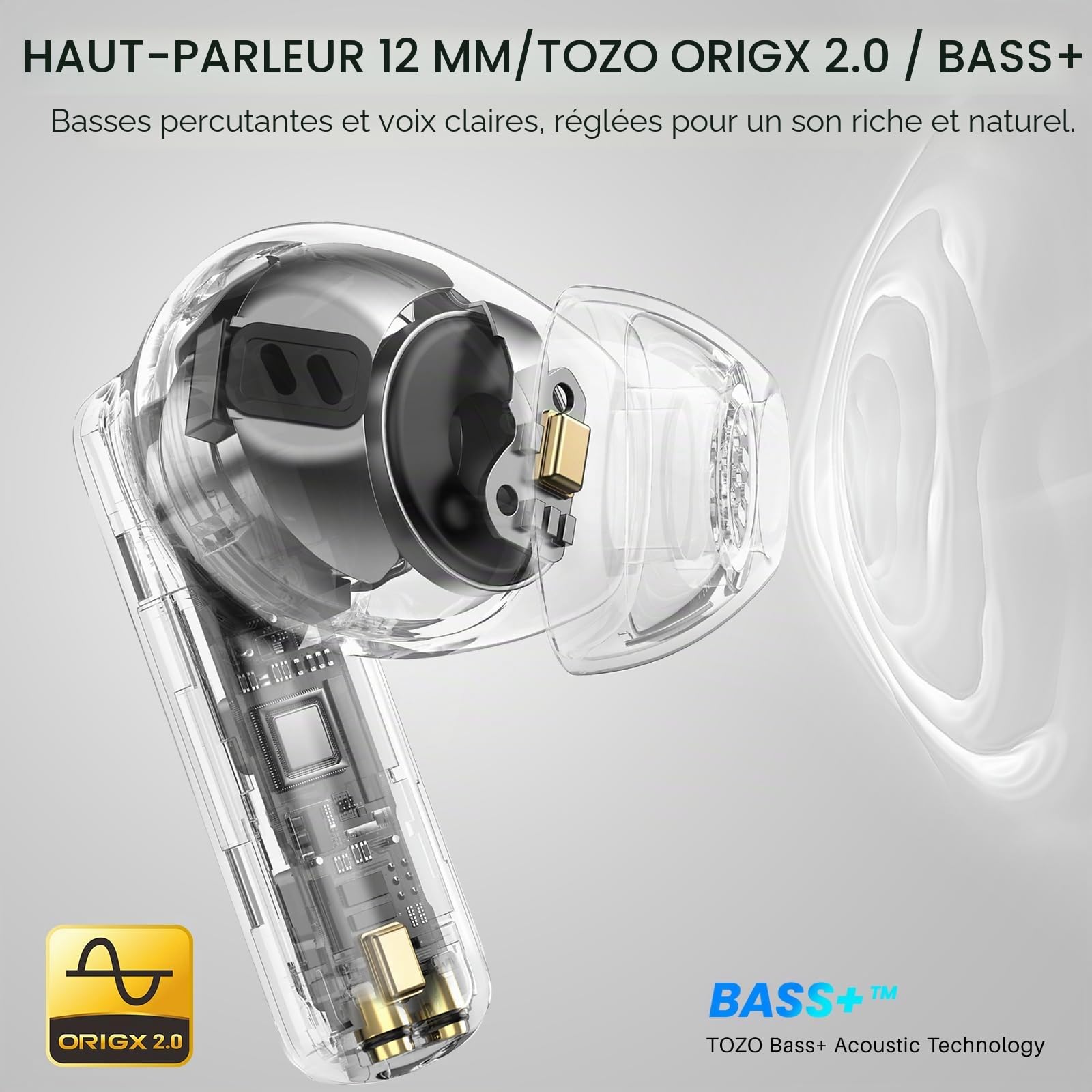TOZO NC3 Écouteurs Bluetooth sans Fil avec Hybride ANC Appels IA ENC