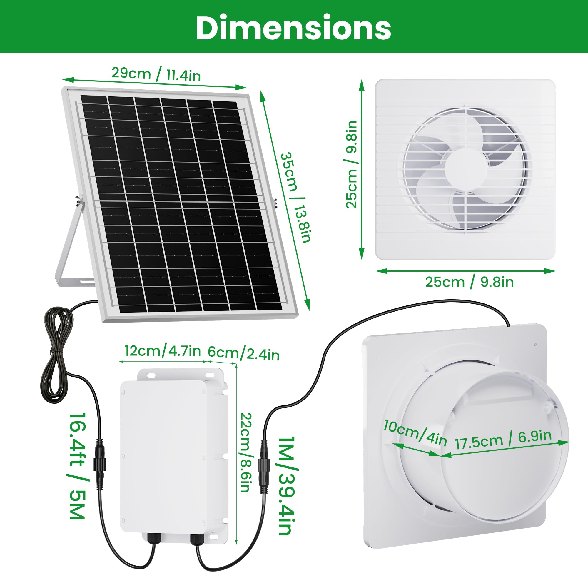 Ventilateur d'extraction Solaire 24000mAh 25W avec Batterie et clapet Anti-Retour, étanche