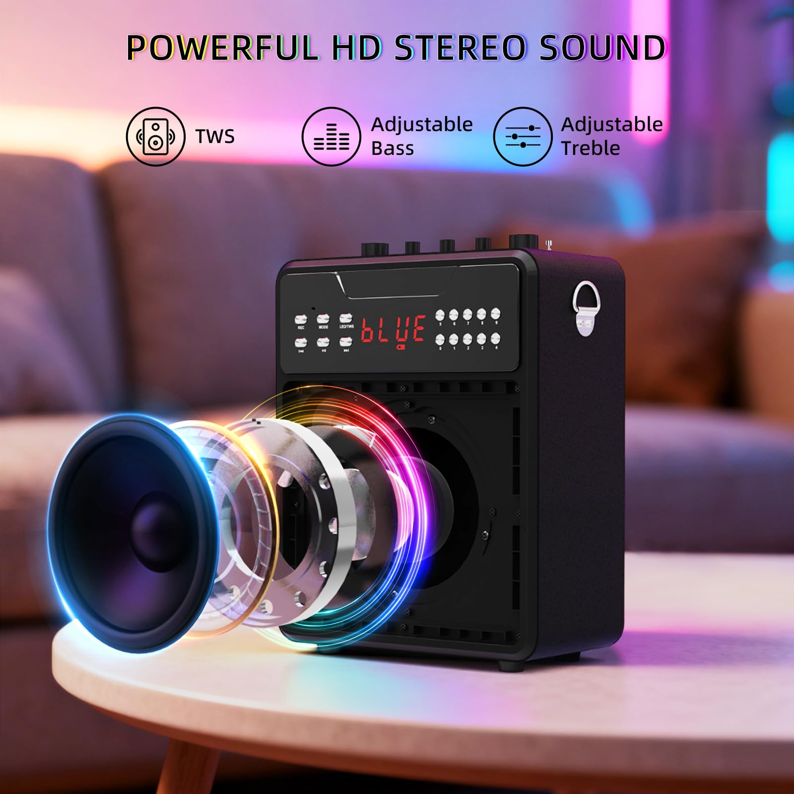 Máquina de karaoke para adultos y niños, máquina de karaoke portátil con 2 micrófonos inalámbricos, altavoz de karaoke con luces LED, soporta USB, entrada auxiliar, tarjeta TF para fiestas en casa y