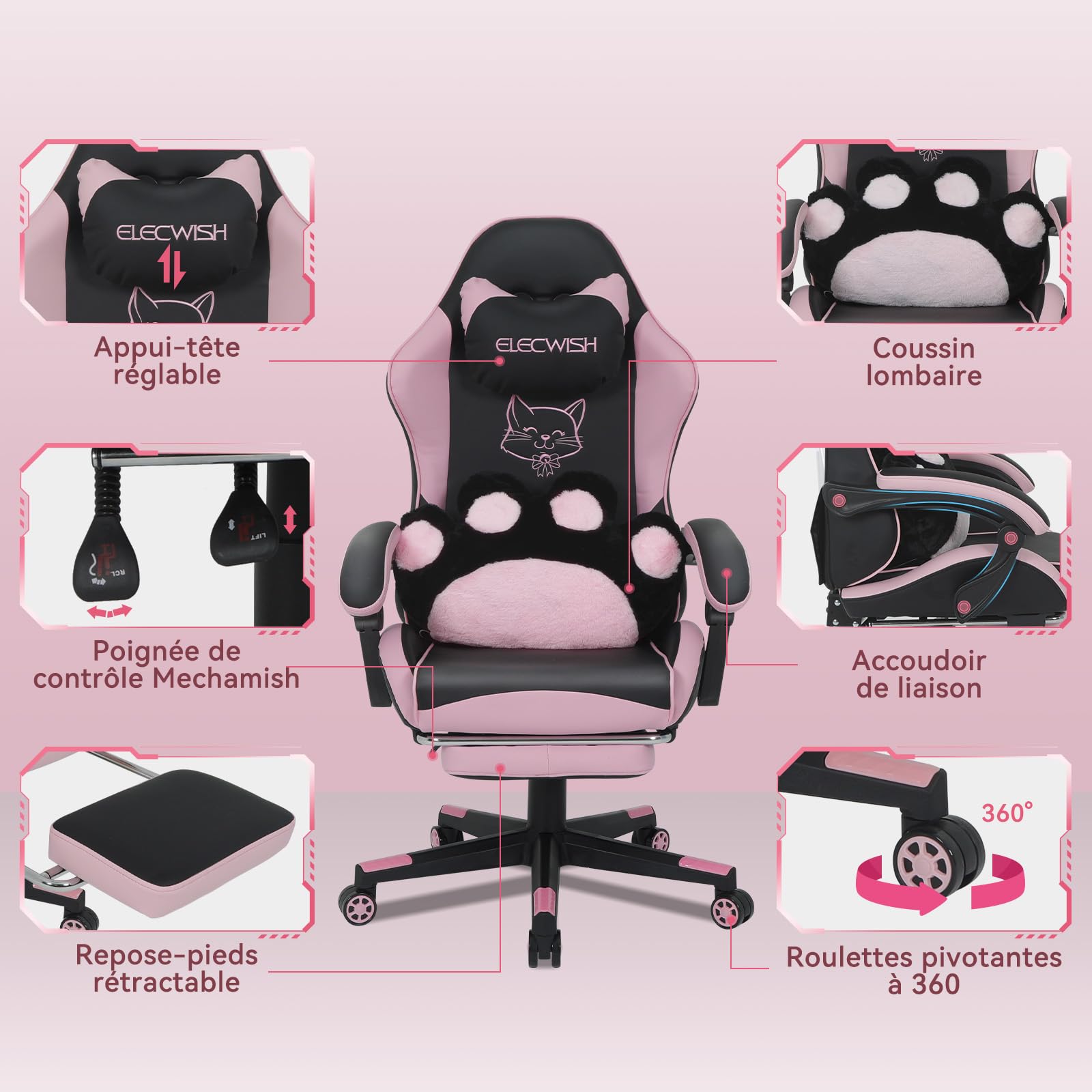 YU YUSING Chaise Gaming Kawaii Patte de Chat, Fauteuil Bureau Ergonomique