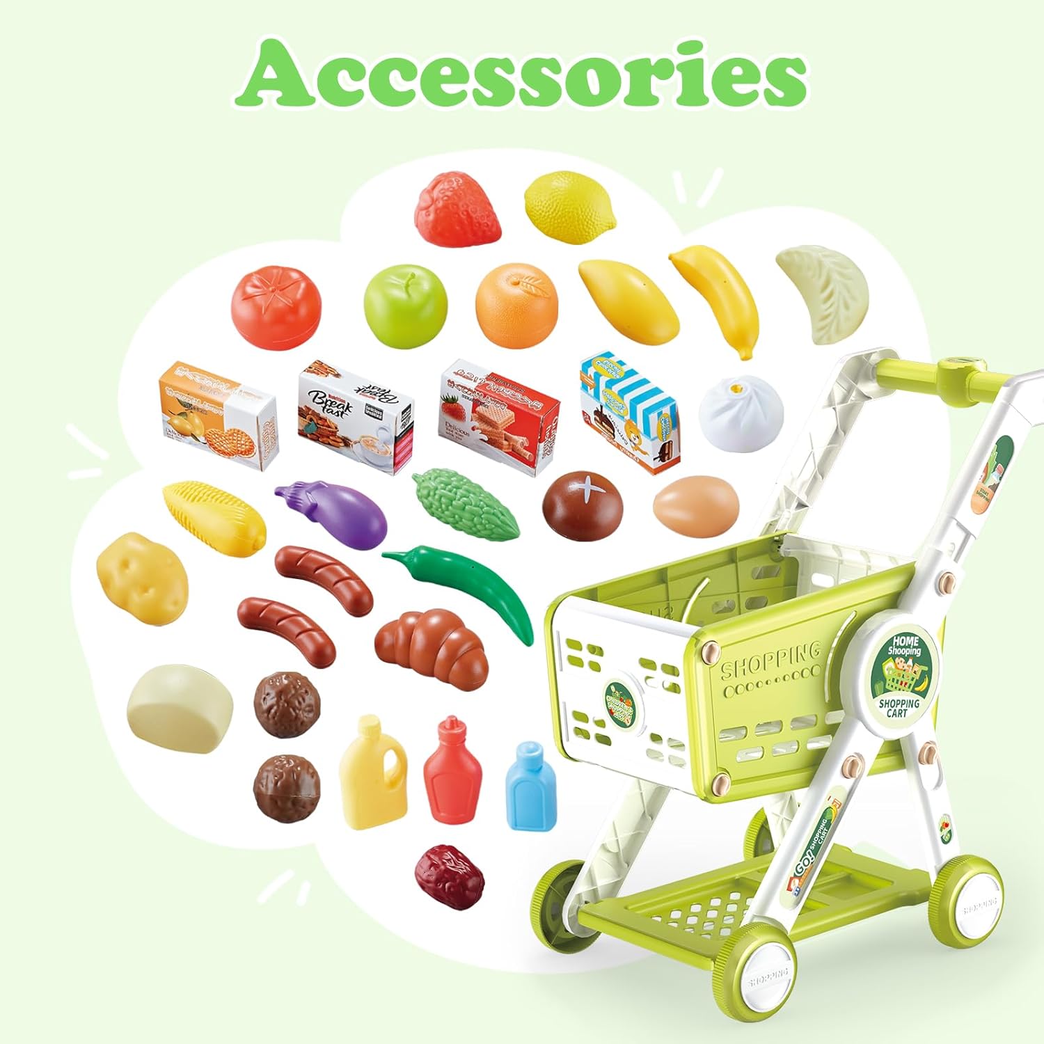 Supermarket Shopping Cart for Kids, 31PCS Shopping Trolley Cart Toy with Play Food Shop Accessories, Pretend Play Shopping Basket Grocery Store Games for Toddlers Boys Girls Ages 3+ (Green)