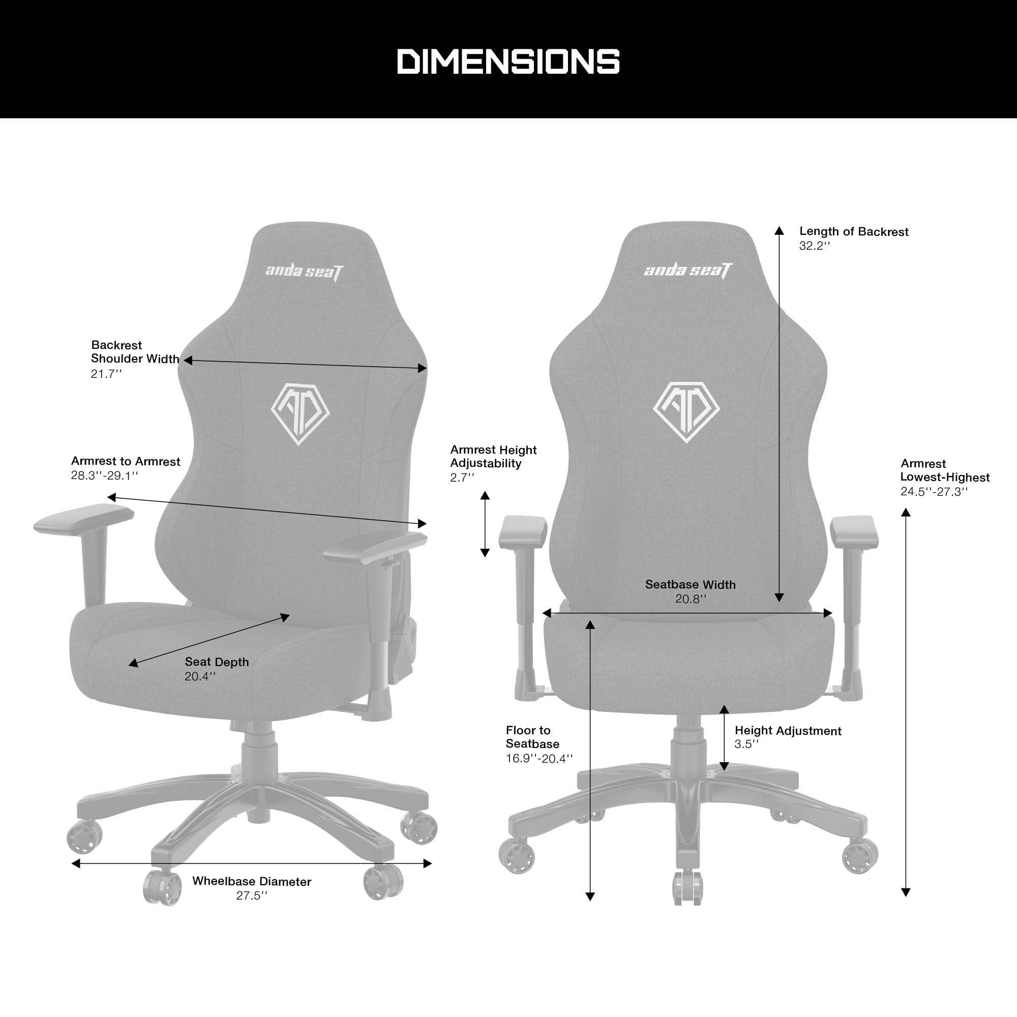 Anda Seat Phantom 3 Grande Chaise Gaming en Tissue Gris – Fauteuil Gaming Adulte, Accoudoirs Réglables 2D, Grande Coussins pour la Tête et Les Lombaires – Chaise Gaming Ergonomique pour La Bureau