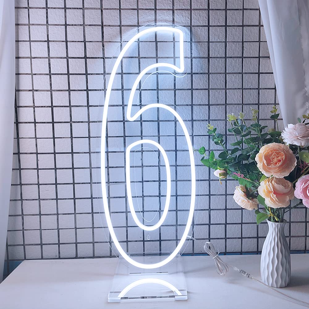 DS&DV Insegna luminosa con numeri al neon a LED, dimmerabile, con base autoportante, per decorazione per feste (bianco freddo, numero 6)