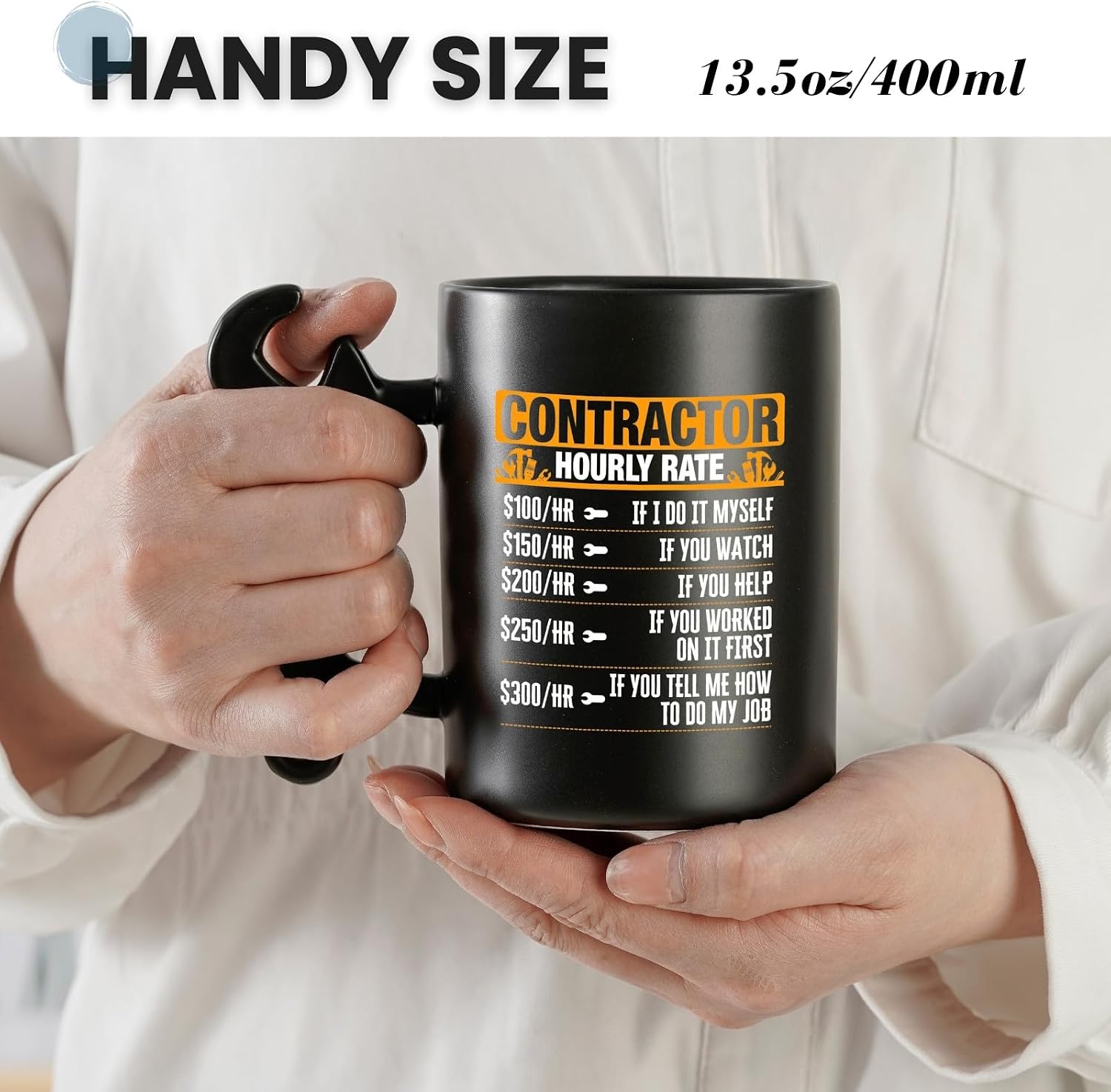 Contractor Gifts For Men, Him - Wrench Coffee Mug - Gift for Contractor - 13.5oz/400ml Funny Ceramic Mug - Hourly Time