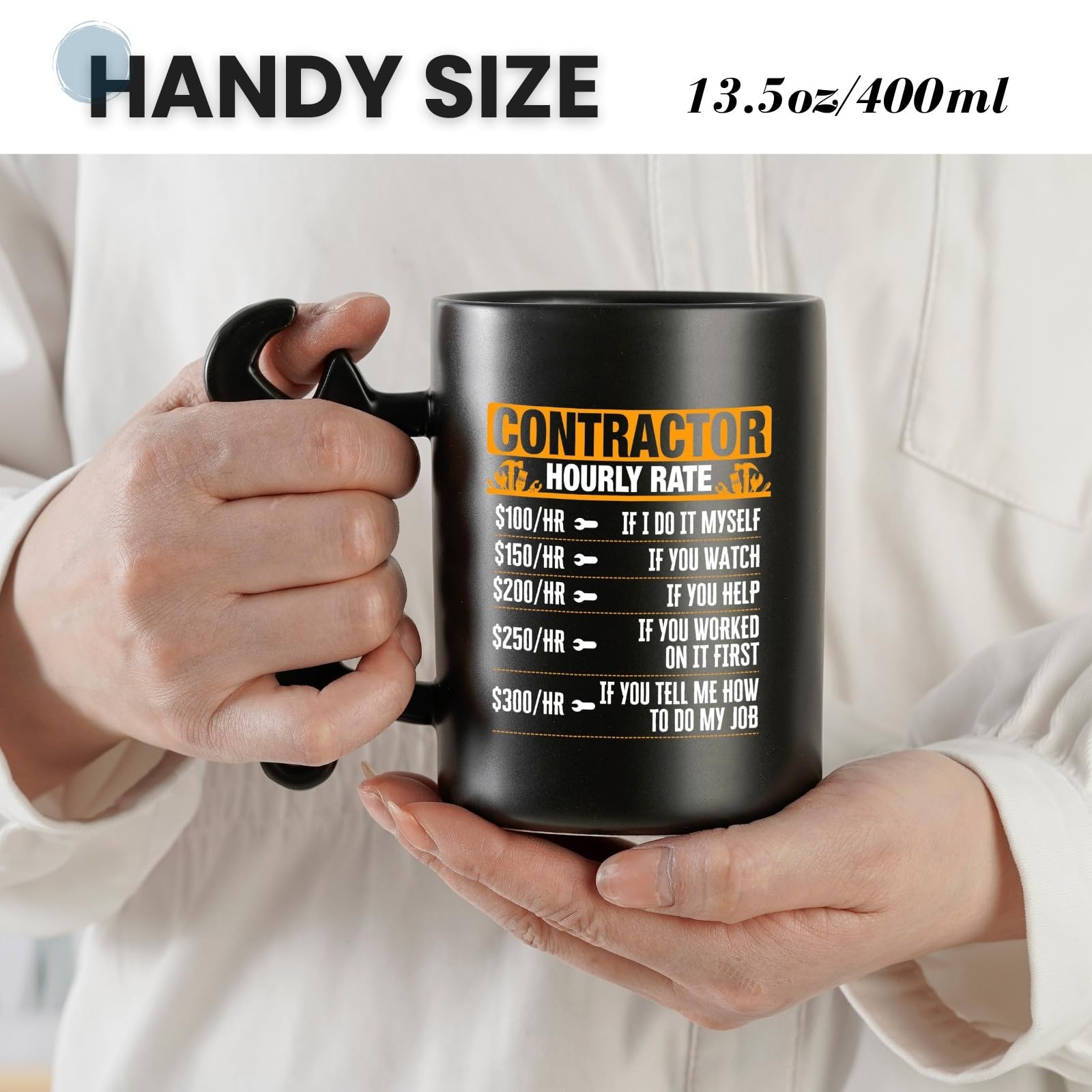 Contractor Gifts For Men, Him - Wrench Coffee Mug - Gift for Contractor - 13.5oz/400ml Funny Ceramic Mug - Hourly Time