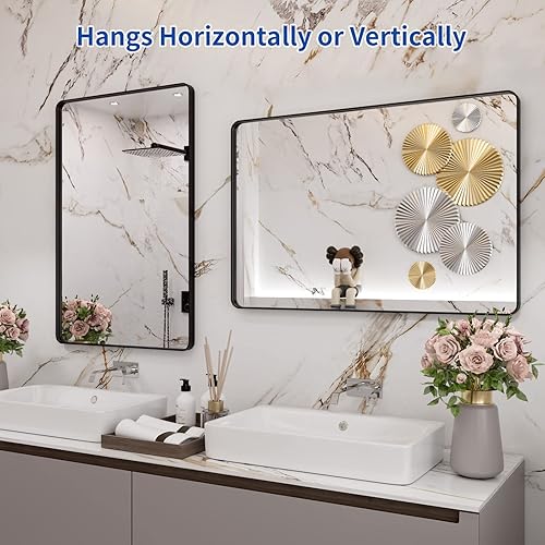 Miniatura 5 de WEER Espejo de baño con marco negro, espejo de baño rectangular redondeado de 24 x 36 pulgadas, espejo de baño negro mate para pared, antioxidante,