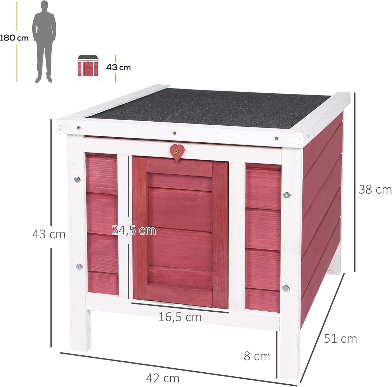 PawHut Wooden Rabbit Hutch Outdoor Cage House for Rodents Small Pets with Foldable Asphalt Roof and Non-Slip Ramp 42 x 51 x 43 cm Red