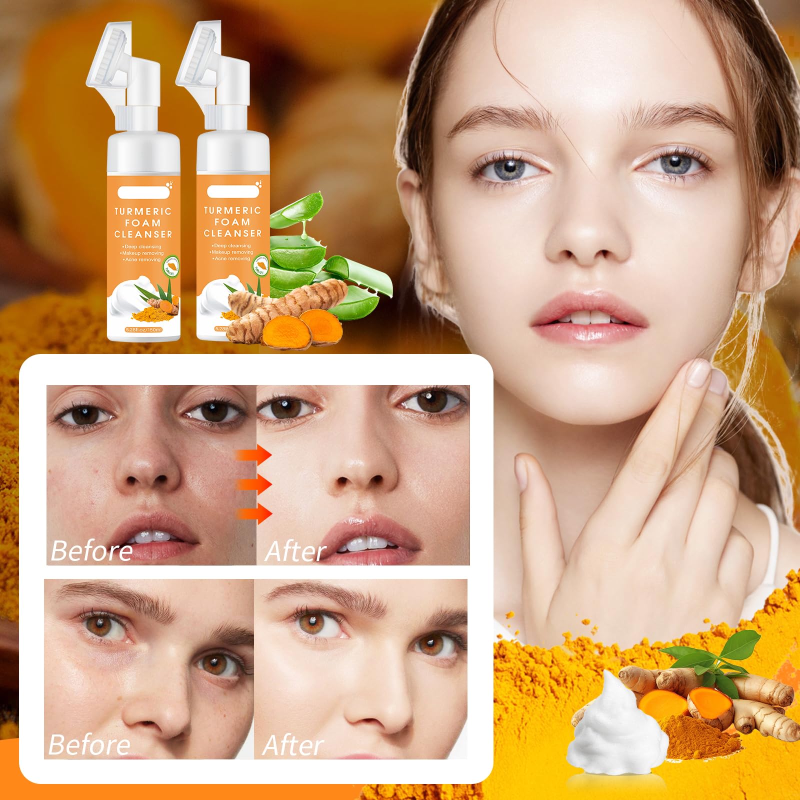 Jabón facial de cúrcuma con cepillo: limpiador suave en espuma para limpieza profunda, nutritiva e hidratación, adecuado para todo tipo de piel 6
