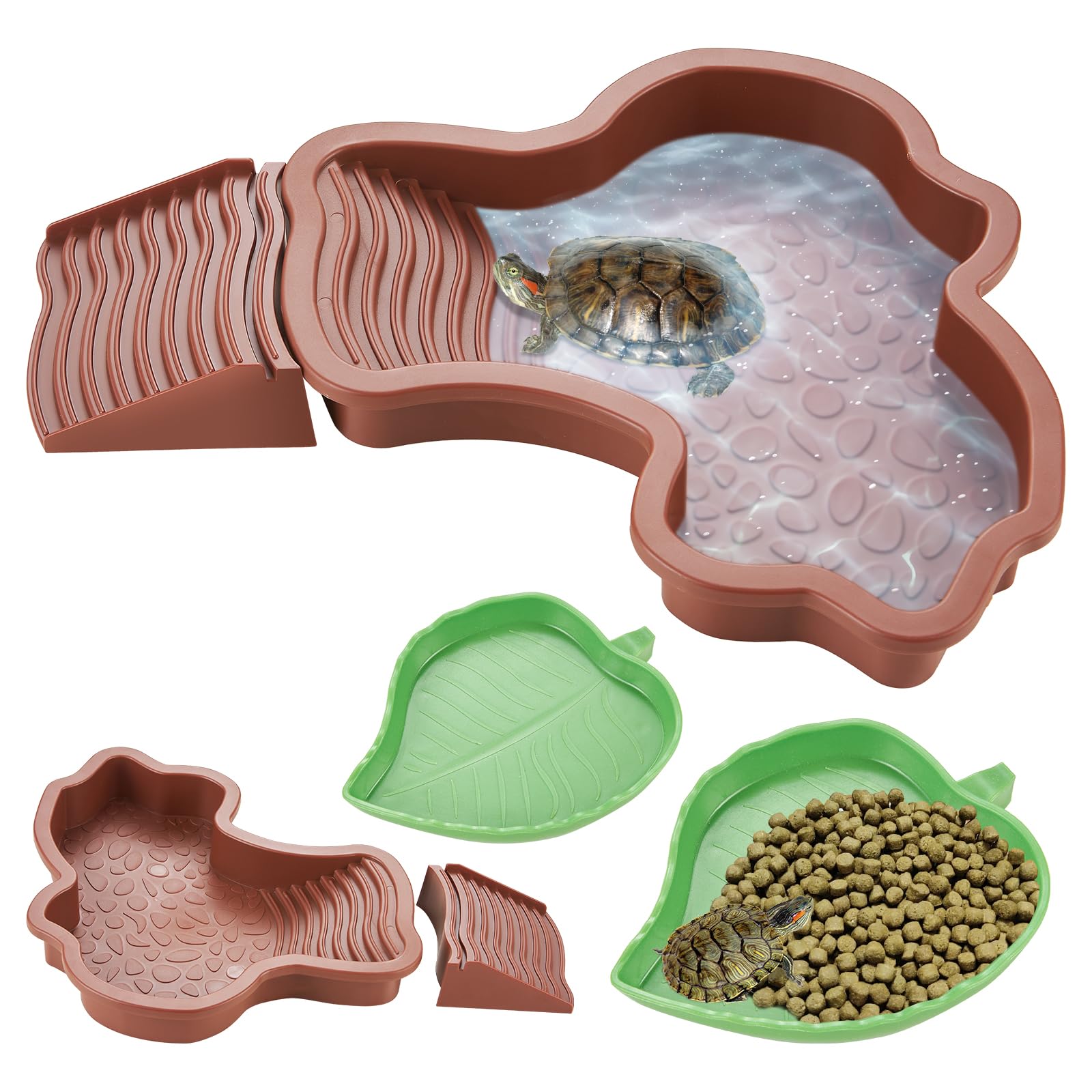 yokugo 3PCS Turtle Water Dish Tortoise Bathing Pool with Ramp, Reptile Water Pool Basking Platform Leaf Reptile Food Dish for Turtle Lizard Gecko