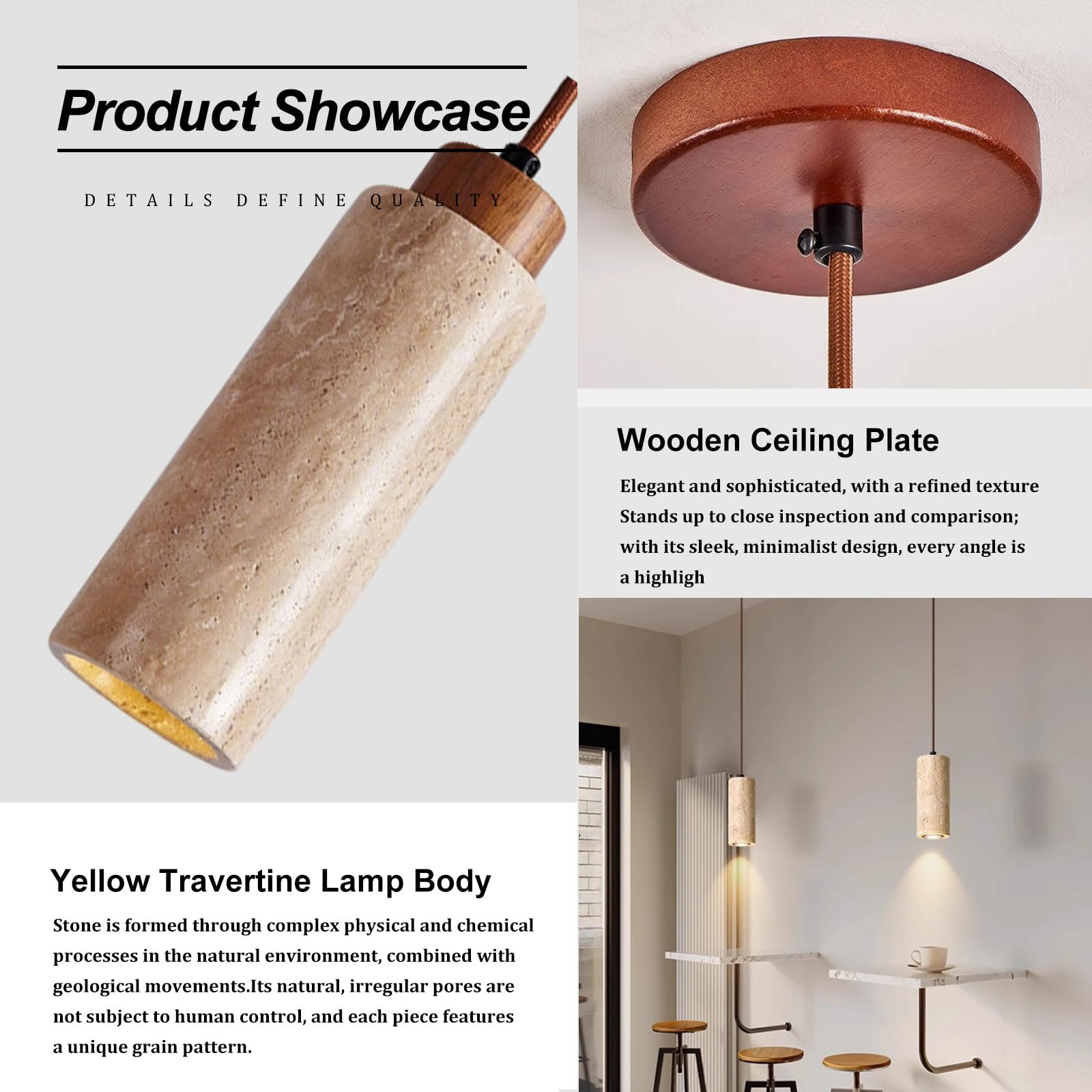 IOEDHW Lampada Sospensione in Marmo Giallo Mini Lampada Cilindro in Pietra Naturale Stile Wabi-Sabi Ideale per Isola Cucina Sala Pranzo Camera da Letto e Bar Luce Calda Compatibile con Attacco