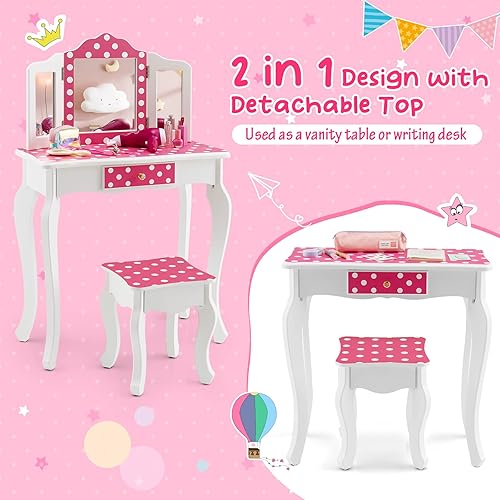 Miniatura 20 de Costzon Juego de mesa de tocador y silla para niños con espejo, taburete, cajón de almacenamiento, tocador de madera de princesa para niñas