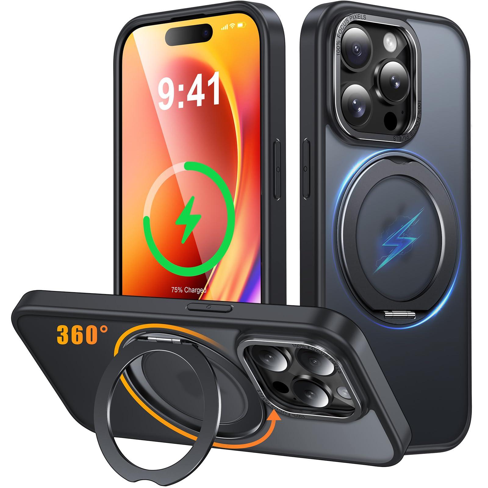 Gunwon iPhone 11 Pro 用 ケース Magsafe対応 ワイヤレス充電 360°回転スタンド 耐衝撃 マット仕上げ「ブラック」 | 持ち歩きに便利なリング機能 N52マグネット搭載 車載ホルダー対応 縦横両対応自由な角度調整サポートスタンド付き ソフトバンパー 四隅エアクッション アルミ合金レンズフレーム・カメラ保護 スマホケース いphone11pro カバー