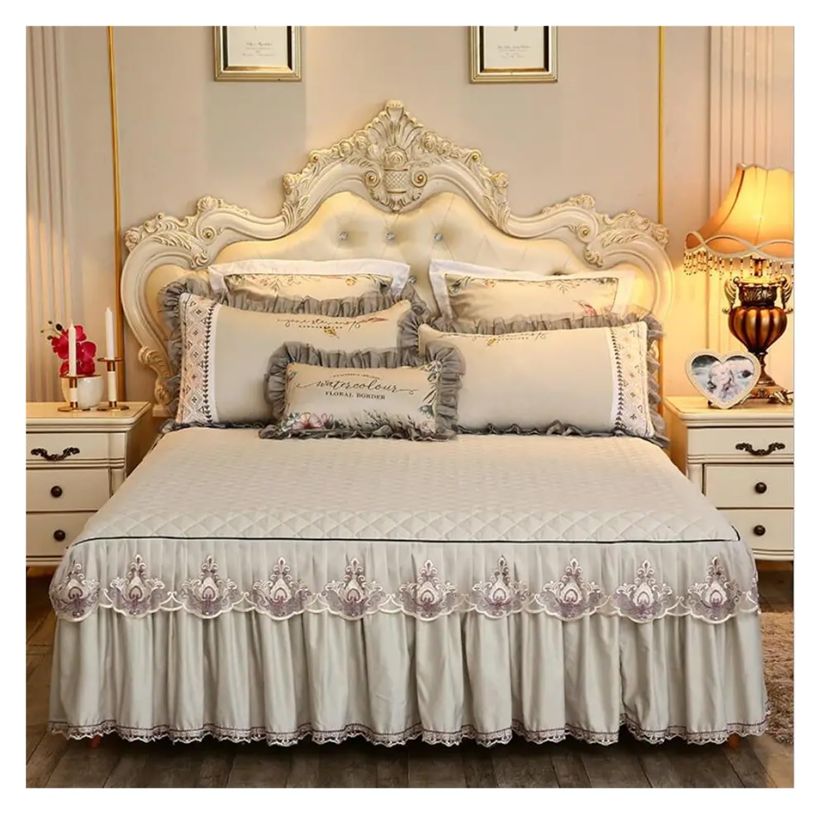 Lace Embroidered Bedding Bed Skirt With Cotton Quilted Bedspread On The Bed Solid Color Mattress Cover Sheet Pillowcase(Beige C,3pcs design 180x220)