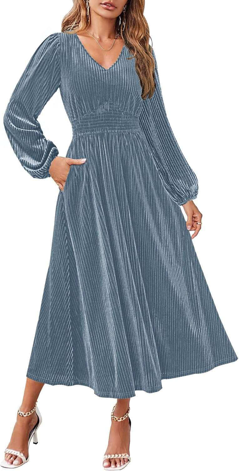ZESICA Women's Velvet Midi Dress 2025 Casual V Neck Long Sleeve Solid Color Elastic High Waist Flowy Evening Party Dresses